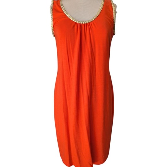Joseph Ribkoff Dresses & Skirts - Joseph Ribkoff Dress Orange Red Gold Braided Trim Sleeveless Sheath Sz 10 Chic